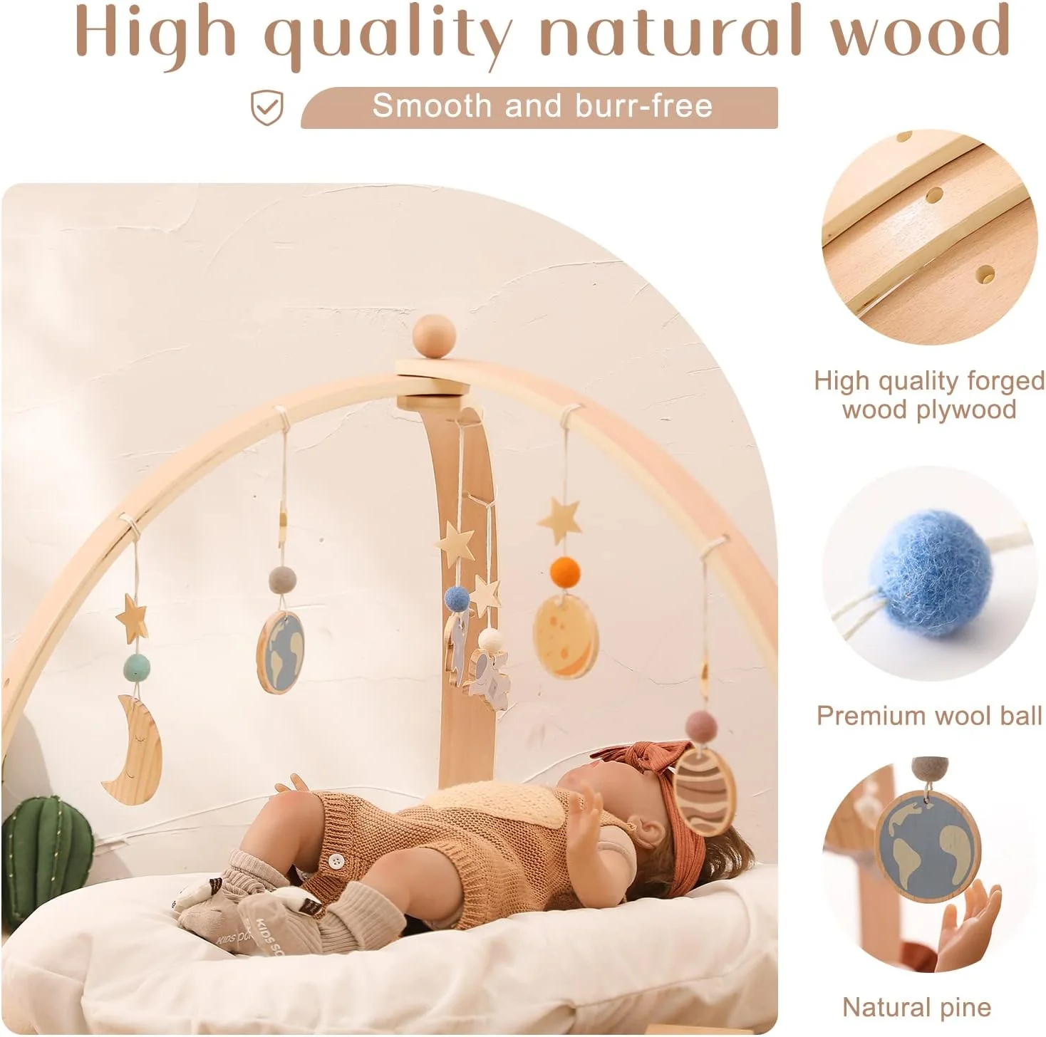 WOODEN TEETHER Spielbogen Baby aus Holz mit 5 abnehmbaren sensorischen Spielzeugen | Montessori Spie - Image 2