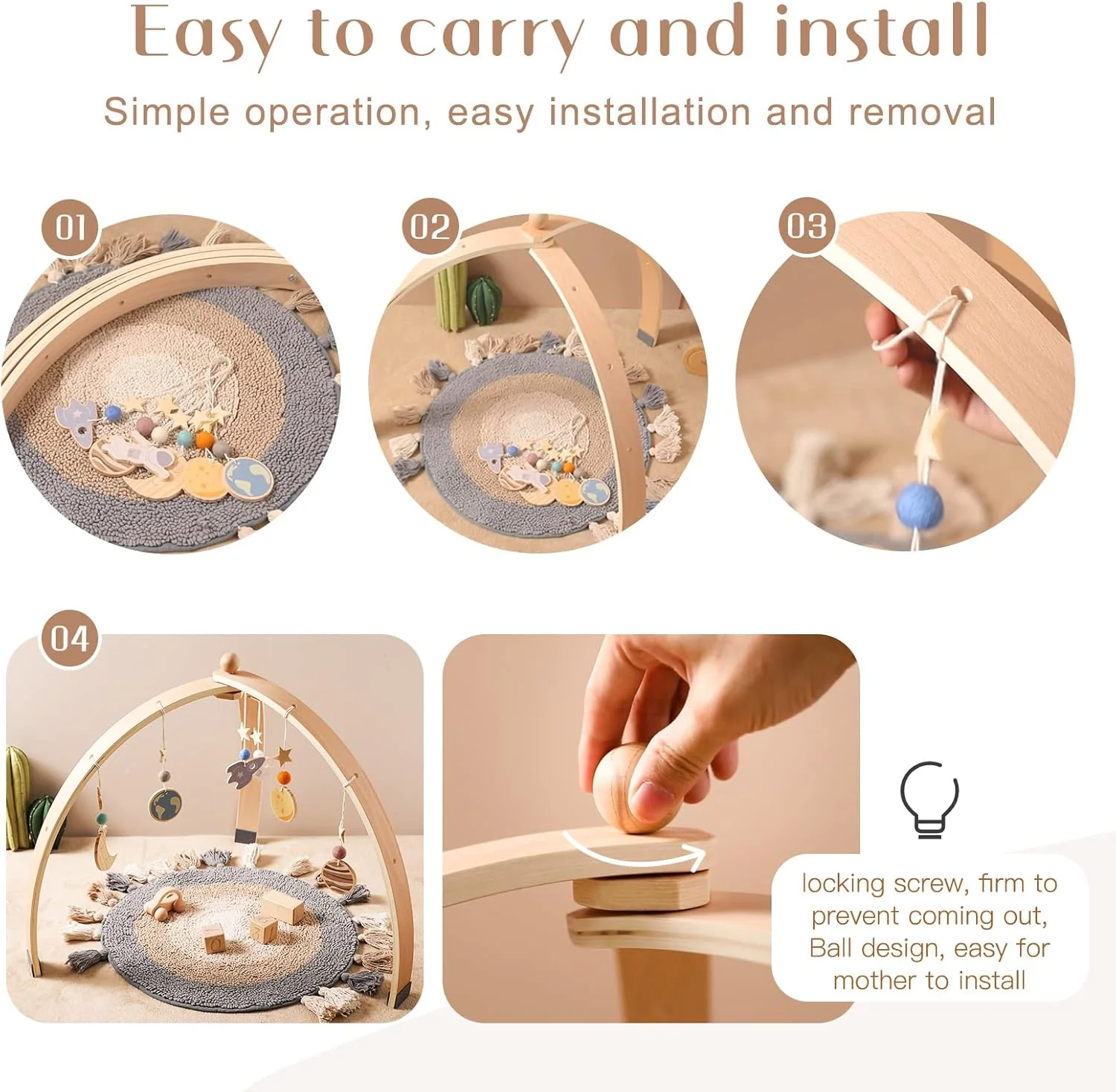 WOODEN TEETHER Spielbogen Baby aus Holz mit 5 abnehmbaren sensorischen Spielzeugen | Montessori Spie - Image 4
