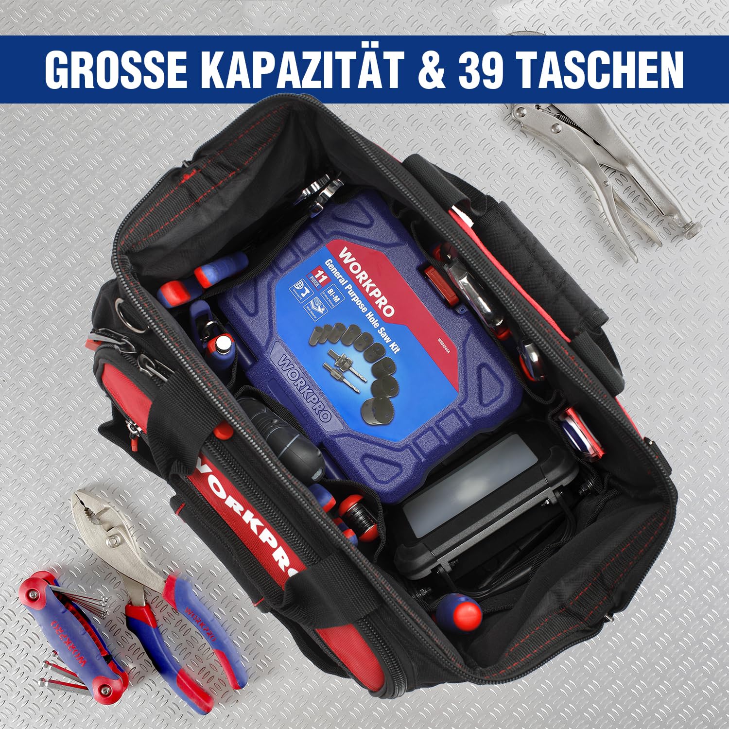 WORKPRO Elektriker Wasserdichte Werkzeugtasche Profi, weite Öffnung & grosse Kapazität 42CM/16" aus - Image 6