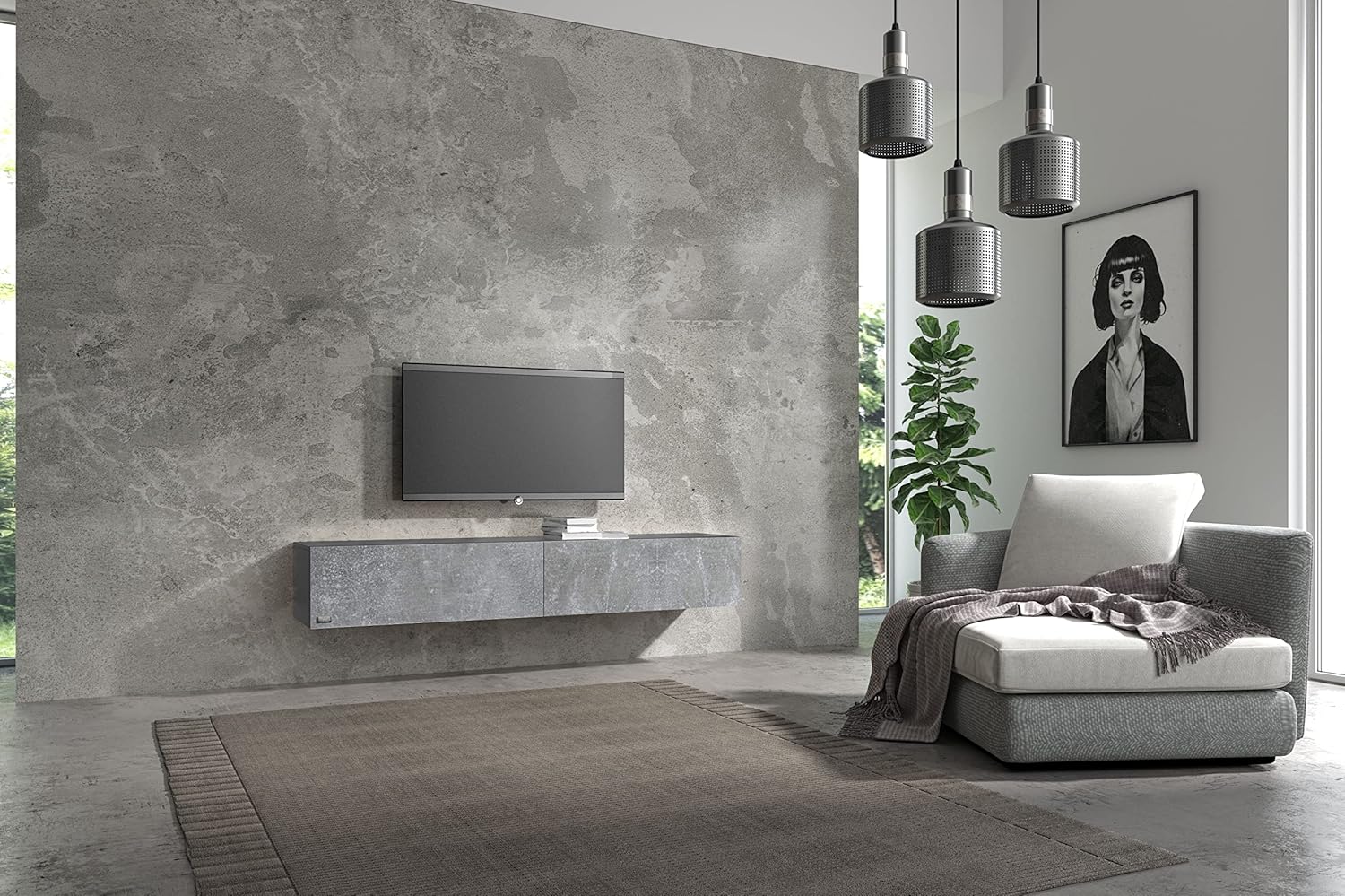 Wuun® TV Lowboard TV Board hängend I 100cm-280cm I Hängeschrank Wohnwand/Somero I Schwarz-Matt/Beton - Image 3