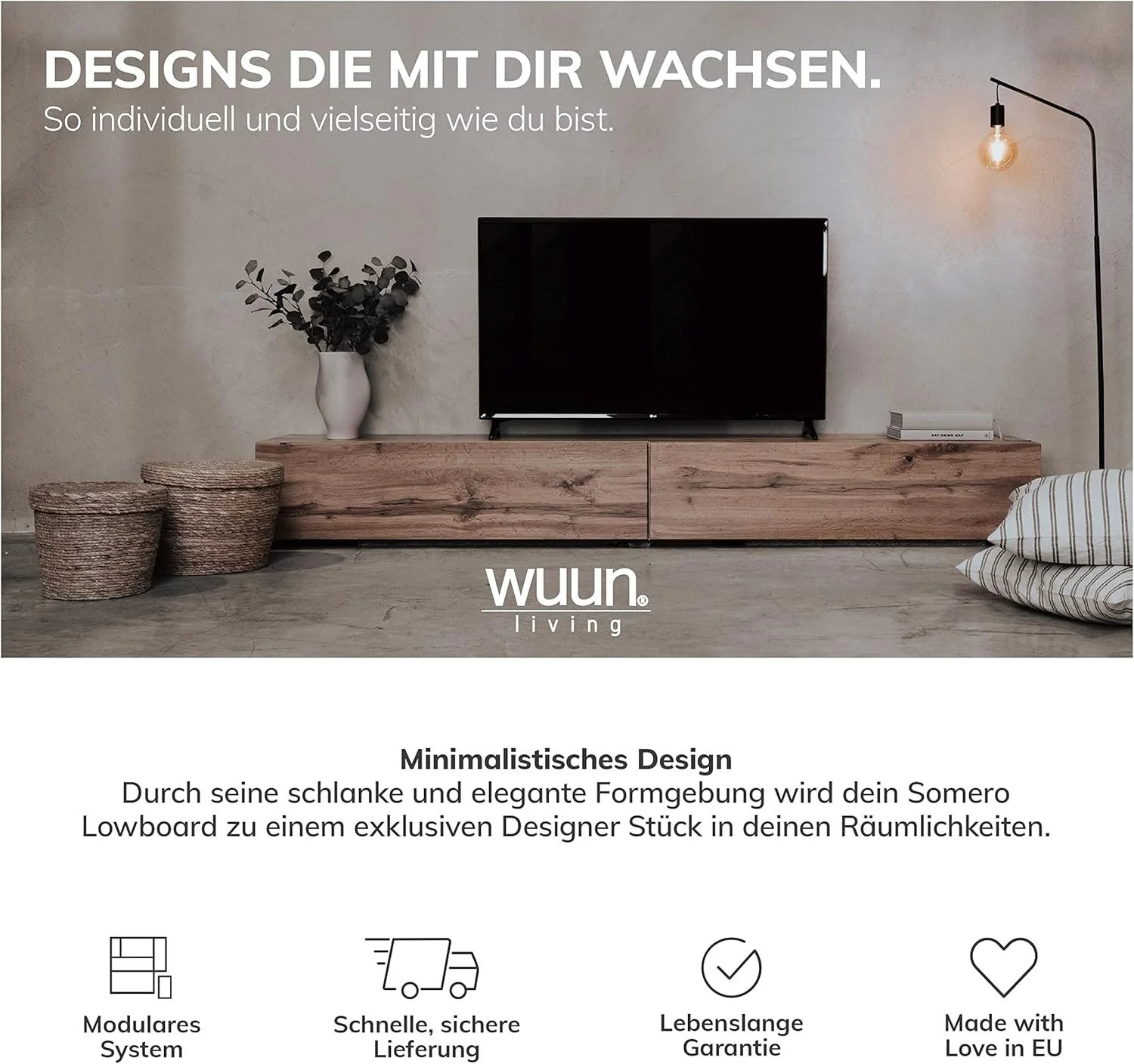 Wuun® TV Lowboard I 100cm-280cmI TV Board hängend Hängeschrank Wohnwand/Somero/Eiche 160 Eiche / Wei - Image 3