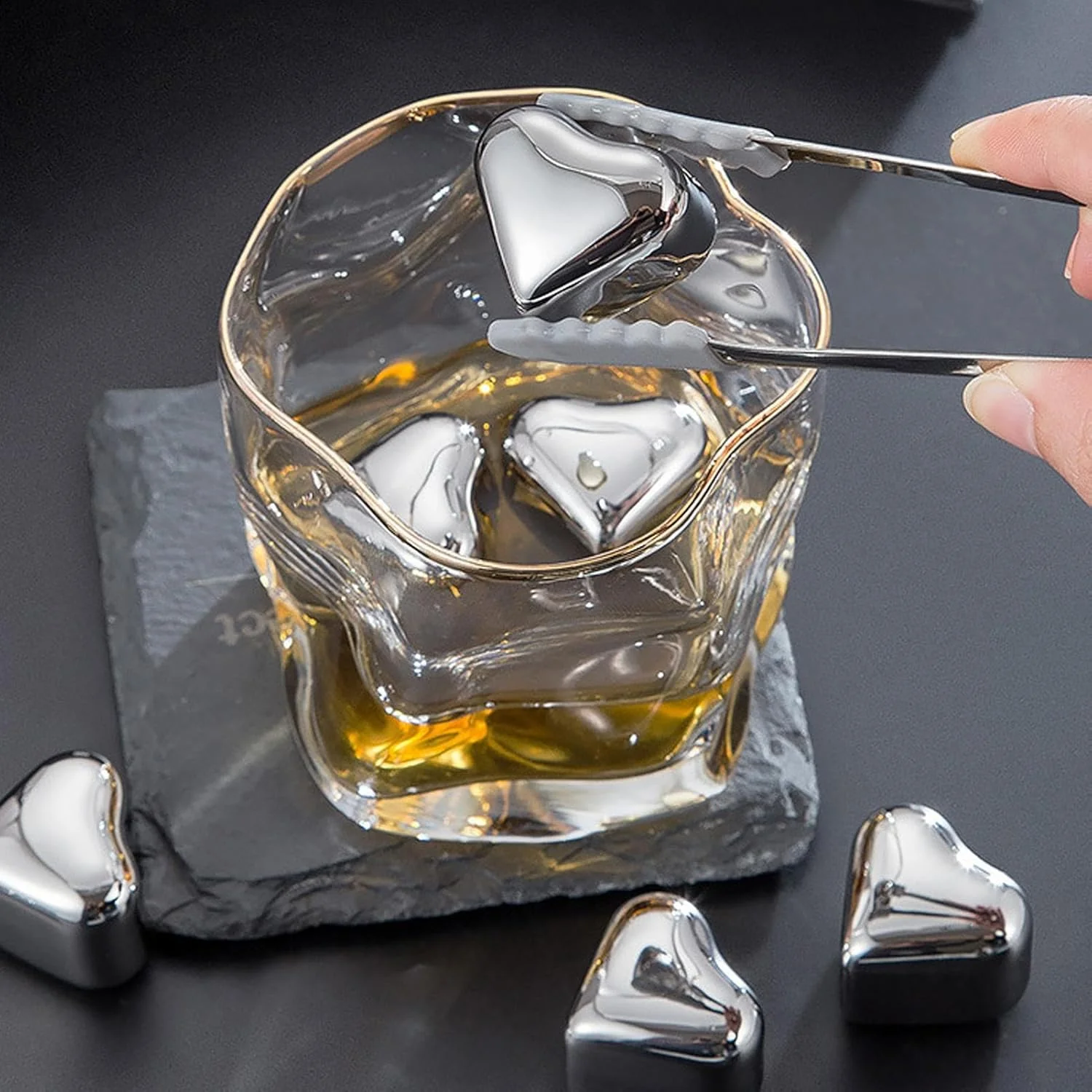 yakermur Edelstahl-Kühlblöcke, wiederverwendbare Whiskey-Kaltsteine-Set, Edelstahl-Herzform, hohe Kü - Image 6