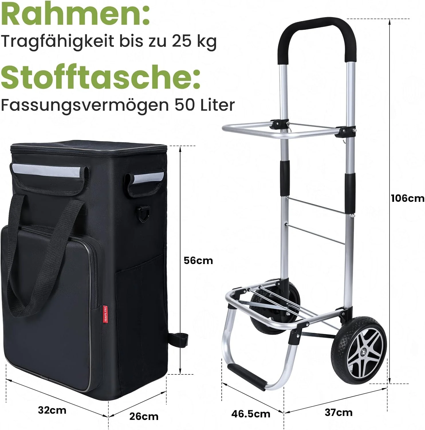 YEAUPE PRO Einkaufswagen mit Kühlfach | max. 50L & 25kg Traglast | Klappbarer 3in-1 Trolley Sackkarr - Image 8