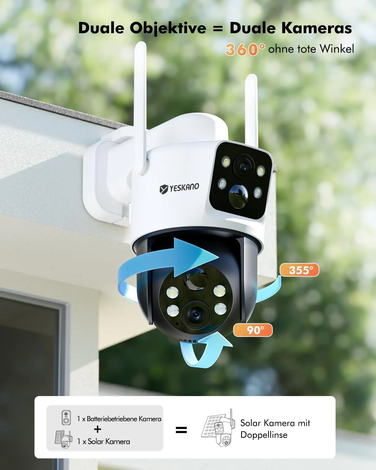 YESKANO 2K Überwachungskamera Aussen Solar, 360° PTZ Solar Kamera Outdoor mit Dual Objektiv, Kabello - Image 3