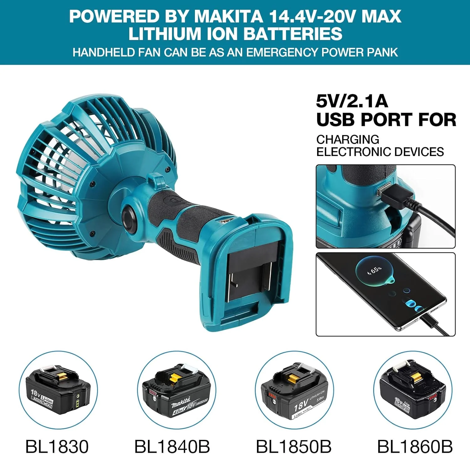 YEX-BUR Handventilator mit Lampe für Makita 18 V Li-Ionen-Akku Batteriebetriebener, wiederaufladbare - Image 2