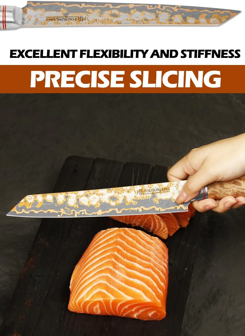 YOUSUNLONG Sujihiki Slicing-Messer,205mm Sashimi-Sushi-Messer,Handgefertigter Kupfer-Damaszener-Stah - Image 4