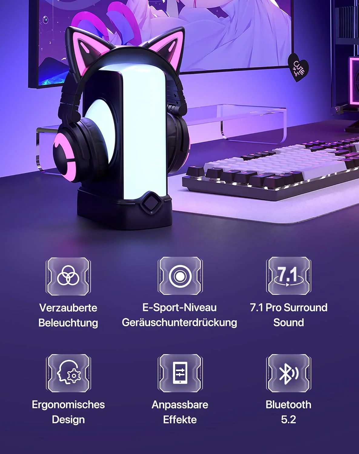 YOWU RGB-Katzenohr-Kopfhörer CE kabelloses 5.2 faltbares Gaming-Headset (CE, Rosa) Rosa CE, Rosa CE - Image 3