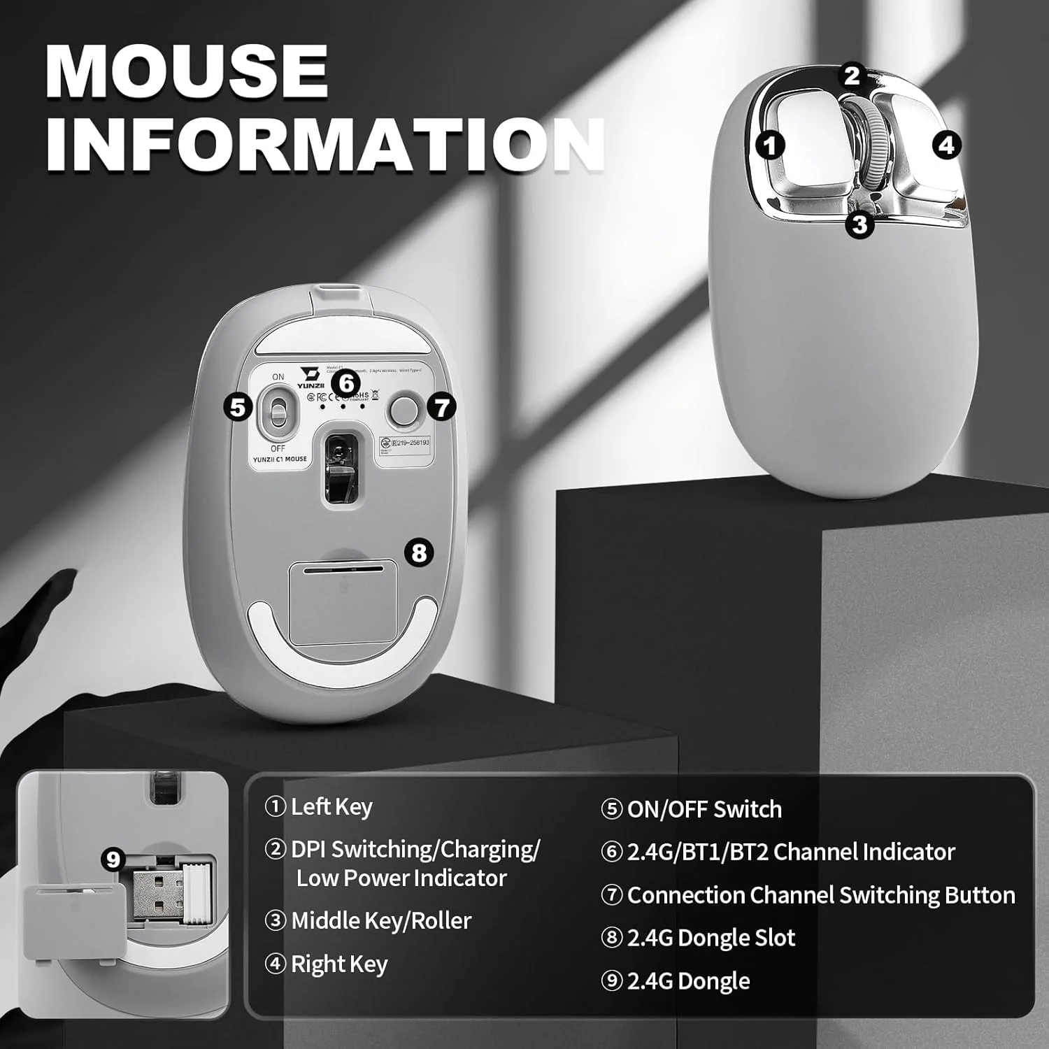 YUNZII C1 Silikon-Funkmaus,Tri-Mode 2,4 GHz/USB-C/Bluetooth Maus, 4800 DPI Optisches Abtastung, 6 Ve - Image 5