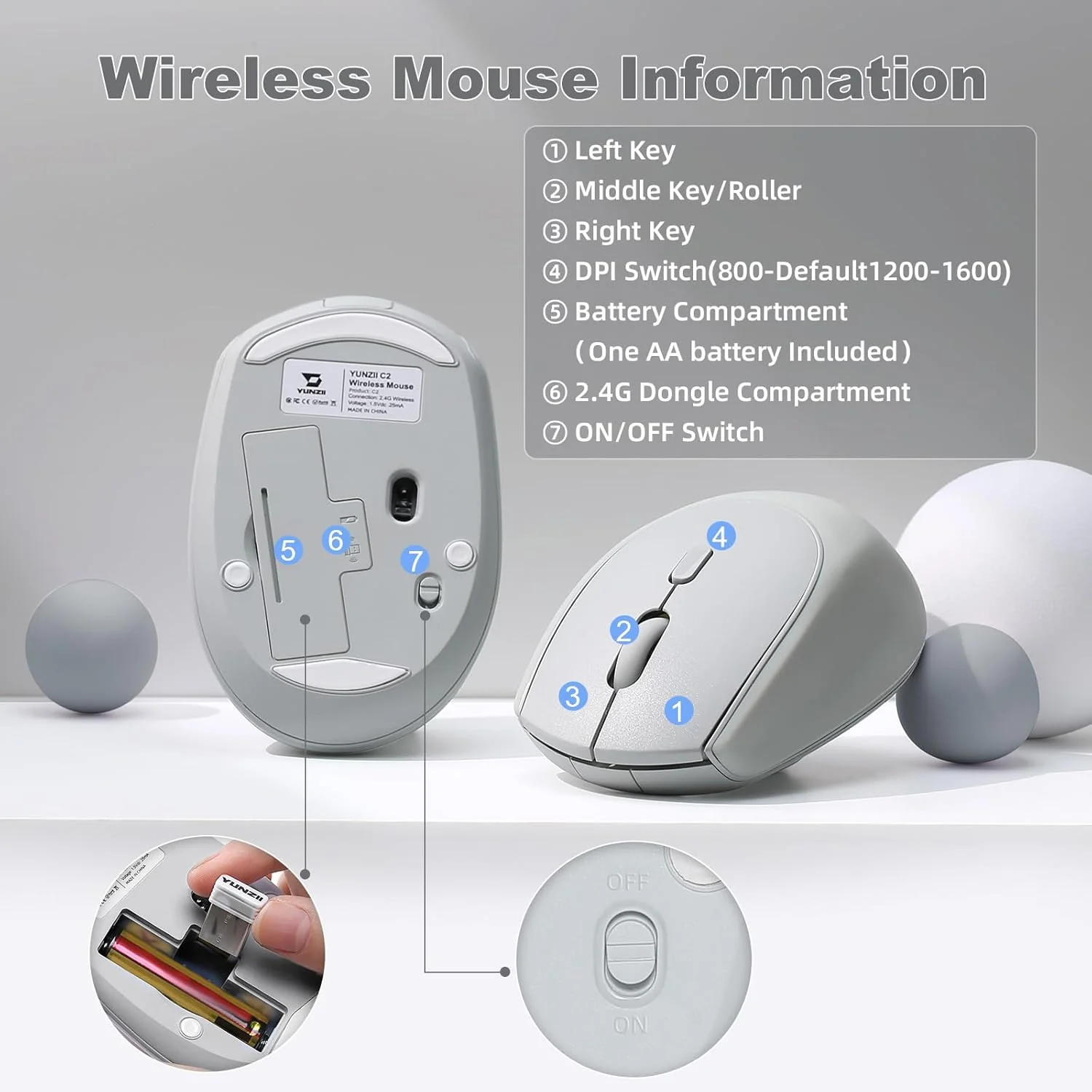 YUNZII C2 Drahtlose Maus, 2,4 GHz Silikon-Lautlose Funkmaus, 3 Verstellbare DPI, 1600 DPI Tracking, - Image 7