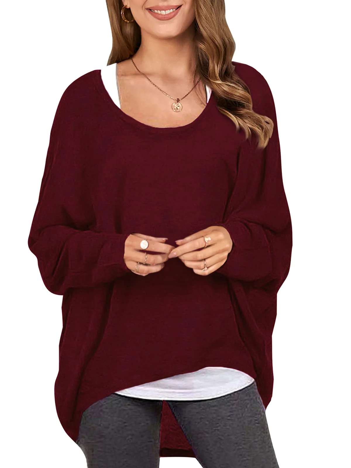 ZANZEA Damen Lose Asymmetrisch Jumper Sweatshirt Pullover Bluse Oberteile Oversize Tops, S Wein Rot