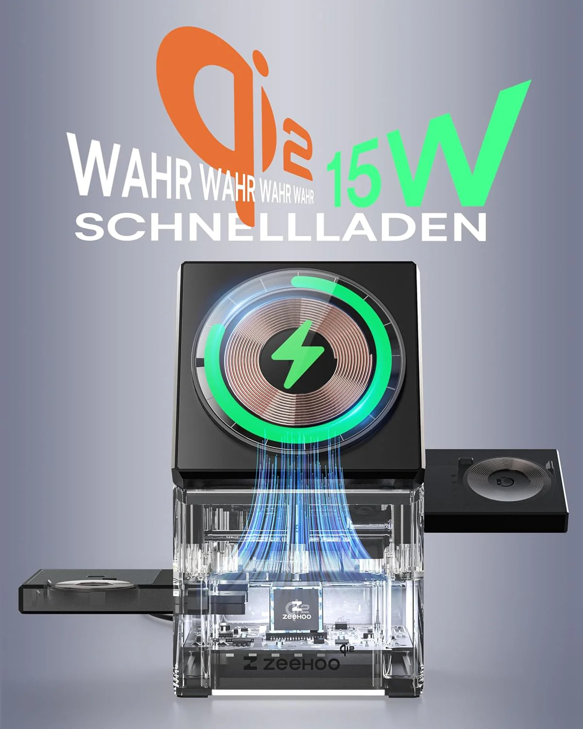 ZEEHOO Wireless Charging Station, CubeTrick-X Qi2 15W Schnellladung, kabellose Ladestation 3 in 1 mi - Image 2