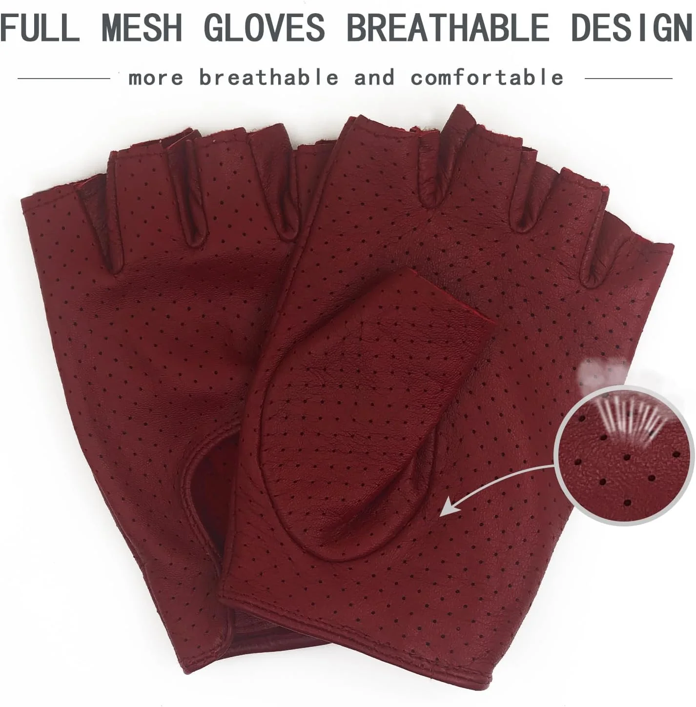 ZLUXURQ Damen-Lederhandschuhe Vollmaschige Fingerlose Halbfinger-Fahrhandschuhe X-Large-8" Rot, X-La - Image 2
